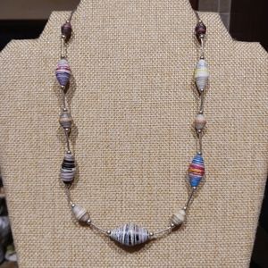Women's 18" Sterling Necklace With Multi-colored Paper Beads And Sterling Chain.